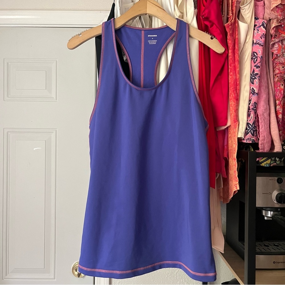 SUSSAN‎ purple pink contrast stitch athletic racer back knit tank top